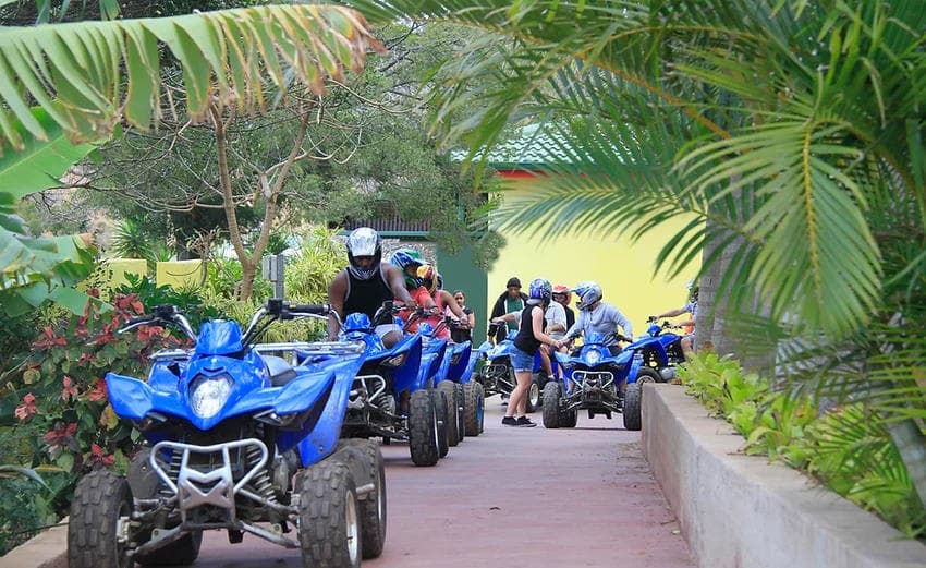 A picture of blue quad bikes with people on them in the jungle.